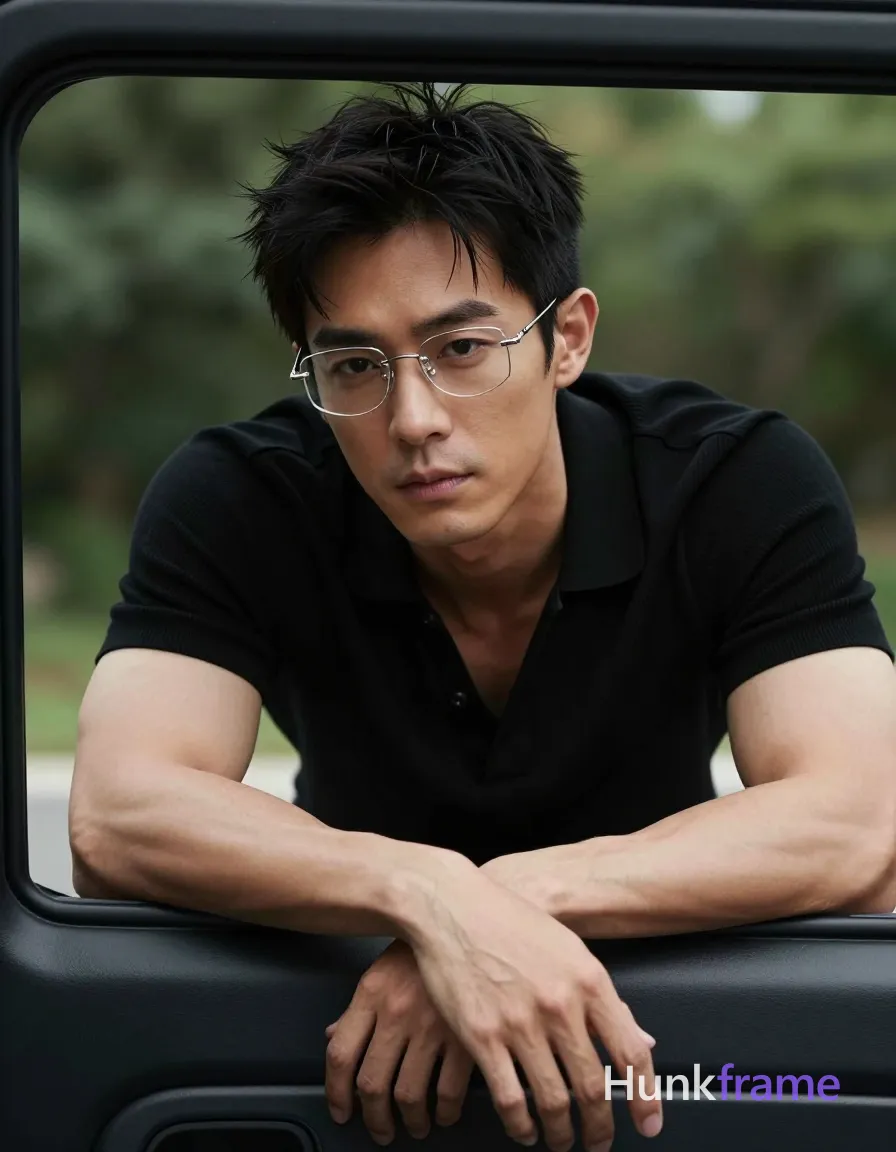 Asian man with light-medium warm skin, short dark textured hair with flyaway strands on forehead, clean-shaven face wearing rimless metal-frame glasses with thin silver temples and clear lenses; He leans forward inside a modern vehicle, forearms resting on the door panel, hands clasped loosely before his chest; Black ribbed short-sleeve polo collar is open revealing upper chest below collarbone; defined biceps, visible forearm veins, sculpted neck muscles are highlighted by natural daylight streaming through an open window against blurred green foliage background; High contrast fine-art photography aesthetic captures a contemplative sophisticated mood with intimate homoerotic undertones; The adult man visibly wears rimless metal-frame glasses with thin silver temples and clear lenses worn on face on his face; preserve the exact frame shape, rim style, color, material, and lens tint; single clean uninterrupted photograph with a cohesive editorial composition and plain continuous surrounding surfaces