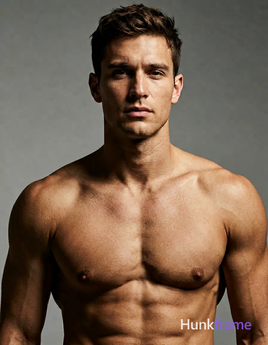 Adult man with dark brown short textured hair and light to medium skin, shirtless showing broad shoulders defined collarbones visible pectoral muscles. Head-and-shoulders close-up facing forward slight head tilt against a plain studio background but rendered in full-bleed vertical phone-wallpaper composition with clean negative space screen-safe vivid mood. Dramatic directional lighting from upper left casts high contrast shadows on face neck chest creating sculpted texture emphasis intense masculine sophisticated editorial vibe. Include exactly one visible wordmark, spelled exactly "hunkframe", in the same compositional text position; preserve its appropriate typography and scale. No other visible text, logo, caption, username, hashtag, comment, watermark, or UI chrome., wearing underwear or swim trunks, covered genitals, no frontal nudity, a single uninterrupted photograph only, no written words or typography anywhere in frame, no captions, no app UI, no social-media post layout, no screenshot borders