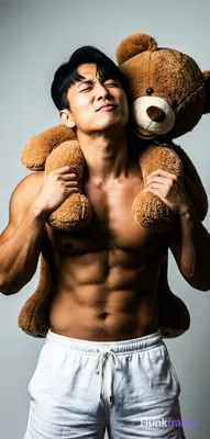 Asian man with medium-tan skin and black short hair featuring side-swept bangs, clean-shaven face. H