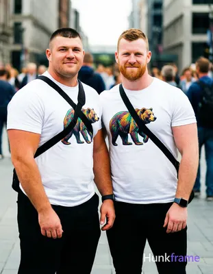 an anonymous figure men with stocky builds stand side-by-side in an outdoor urba