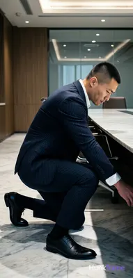 Asian man kneeling beside a large conference table, leaning forward to reach und