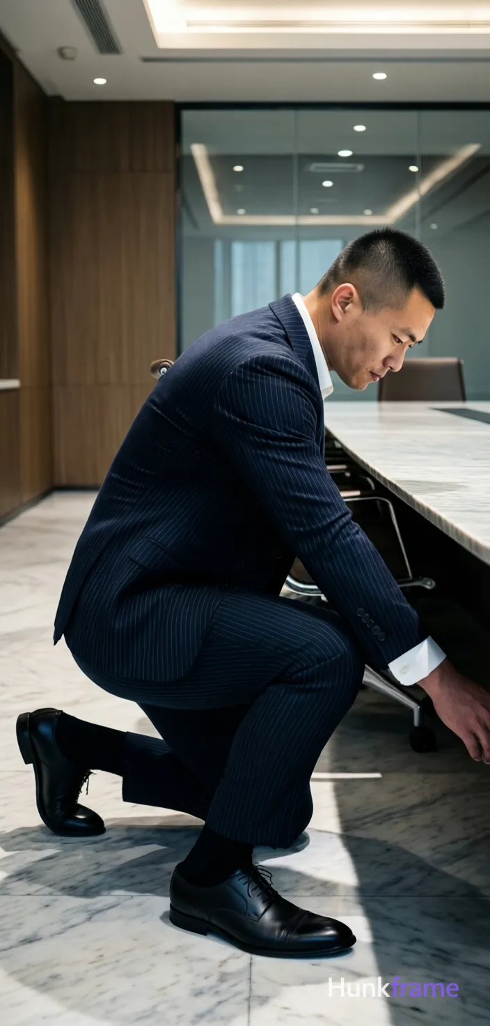 Asian man kneeling beside a large conference table, leaning forward to reach under the marble-topped desk; He wears a dark navy pinstripe single-breasted suit jacket and matching trousers over a white collared shirt with visible cuffs at wrists; Black dress socks and black leather oxford-style shoes cover his feet; lower legs are fully exposed due to kneeling posture; Lean build, short buzz cut black hair, clean-shaven face, focused expression looking downward; Modern high-end office conference room with marble flooring, wood-paneled walls, recessed lighting, glass partitions; Soft ambient overhead lights cast dramatic shadows against the light floor and dark suit; Athletic photography style emphasizing defined anatomy and confident strength within a professional setting, vertical portrait orientation capturing full body from head to toe; single clean uninterrupted photograph with a cohesive editorial composition and plain continuous surrounding surfaces