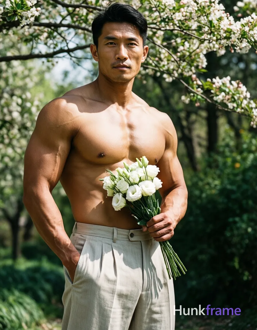 Striking full-bleed vertical phone wallpaper composition of an Asian man with light-medium skin standing upright. He is shirtless revealing broad shoulders and defined pectorals, wearing light beige or off-white pleated trousers. His left hand rests in his pocket while the right hand holds a bouquet of white flowers against his lower abdomen. The scene captures natural daylight filtering through flowering trees overhead creating soft highlights on highly detailed skin texture., same aesthetic theme and photo feel as the reference but a different man in a different pose with distinct body proportions, Chinese man, light tan skin, high cheekbones, lean wiry martial-arts physique, a single uninterrupted photograph only, no written words or typography anywhere in frame, no captions, no app UI, no social-media post layout, no screenshot borders