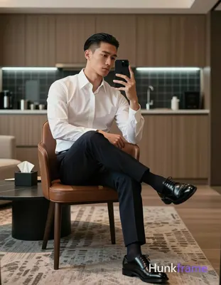 Adult man, slim build, short dark brown/black side-parted slick-back hair, clean