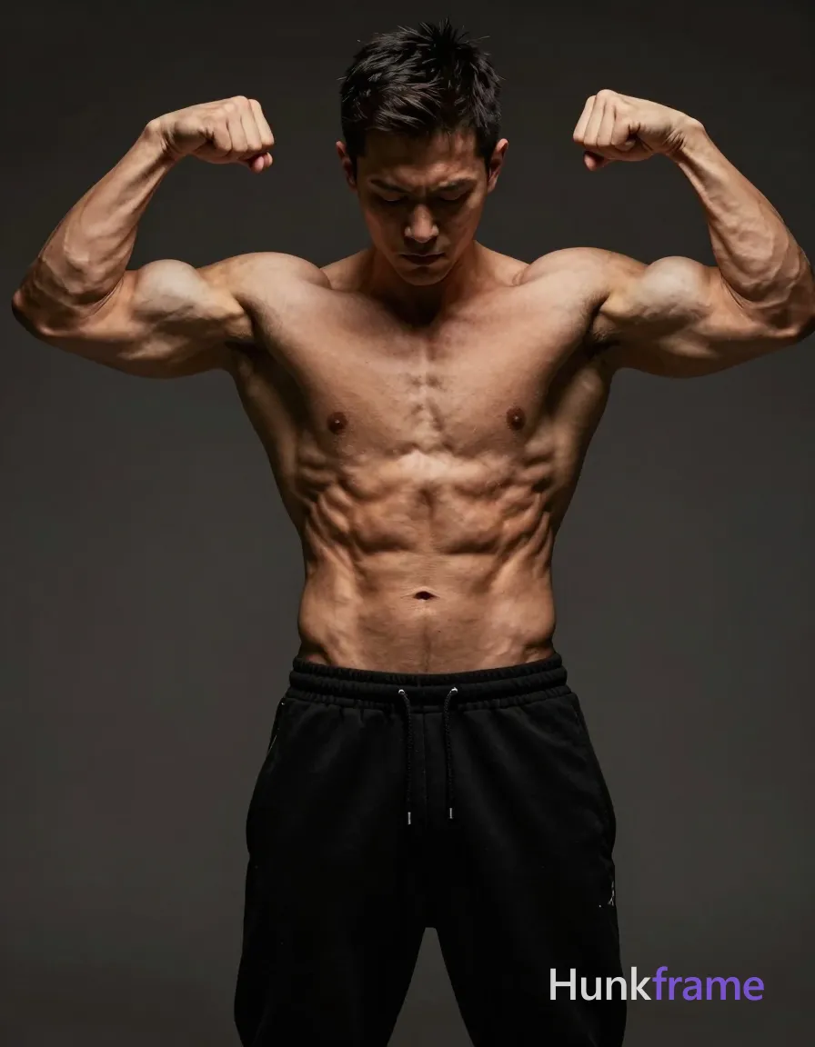Photoreal photograph of a muscular, shirtless man flexing his arms with fists clenched, head slightly tilted down. The image is cropped to focus on his upper body from shoulders to waist. He wears black sweatpants and no visible socks or shoes. Lighting is dramatic, coming from above against a dark background with subtle shadows defining the muscles. Warm skin tones stand out against neutral colors, creating an intense and focused mood. Portrait orientation in 1333:2000 aspect ratio (832x1216 canvas)