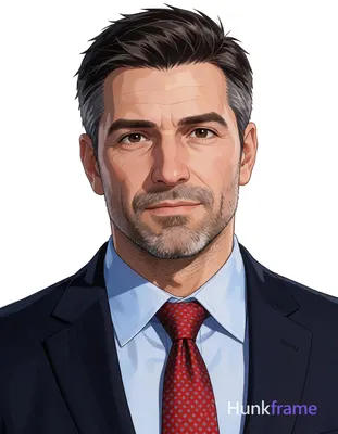 Caucasian adult man with short dark brown hair graying at temples, salt-and-pepp