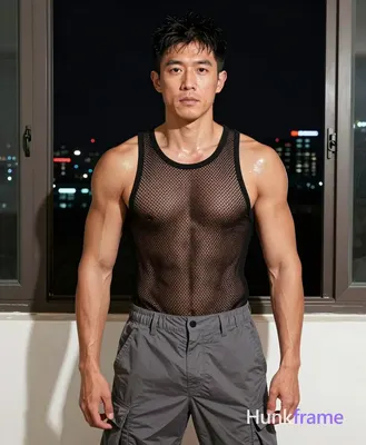 Flat-color graphic poster of exactly 1 adult man. Man 1: Asian, light to medium tan with visible she