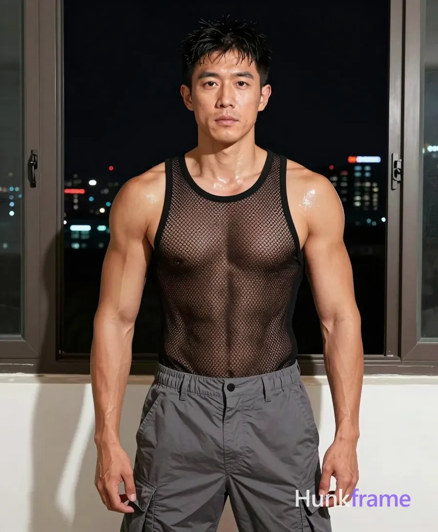 Flat-color graphic poster of exactly 1 adult man. Man 1: Asian, light to medium tan with visible sheen from lighting, oval, black, short textured crop cut above ears and neckline, slightly tousled, clean-shaven. Man 1 has fully exposed eyes, eyebrows, temples and nose bridge. Broad shoulders, defined pectorals, visible abs, thick thighs. Standing upright pulling black mesh tank up with both hands. Black sheer diamond-patterned mesh top, grey cargo pants. Centered full-body portrait shot from thighs to head vertically. Indoor night scene with large window showing city lights behind. Dramatic directional front-right light highlighting skin sheen. Fine-art photography aesthetic with high contrast and clean lines