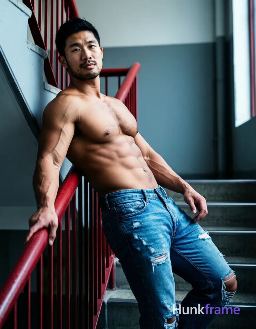 An Asian man with short black hair and light stubble leans back against a red metal railing in an urban stairwell. He is shirtless, displaying broad shoulders, defined pectorals, six-pack abs, visible arm veins, and tanned skin wearing blue ripped denim jeans. His left hand rests on the rail while his right hangs loosely by his side; legs are slightly apart mid-thigh up. Soft directional light from the right illuminates cool blues and muted greys against deep reds. High-contrast editorial photography with shallow depth of field, cinematic color grading, confident intimate mood