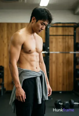 Photograph of exactly 1 adult man. Man 1: Asian, light tan, oval with defined ja