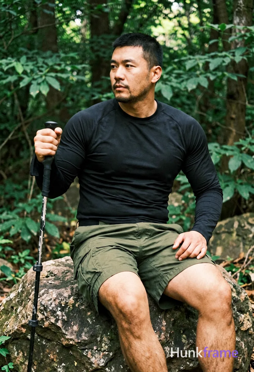 Asian man medium-tan skin short black buzz cut styled top light stubble seated on rock in forest torso angled left head turned to camera right knee up bent left leg extended downward out of frame wearing black long-sleeve athletic shirt fully covering torso olive-green cargo shorts broad shoulders thick thighs holding trekking pole handle near thigh dense green foliage background natural dappled lighting mobile phone camera aesthetic slightly grainy texture striking masculine man full-bleed vertical phone-wallpaper composition clean negative space screen-safe one vivid mood 13:19 aspect ratio, wearing underwear or swim trunks, covered genitals, no frontal nudity, a single uninterrupted photograph only, no written words or typography anywhere in frame, no captions, no app UI, no social-media post layout, no screenshot borders