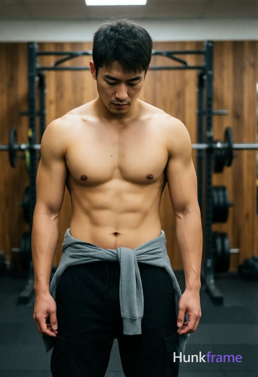Photograph of exactly 1 adult man. Man 1: Asian, light tan, oval with defined jawline, short dark hair, slightly tousled texture, clean-shaven, small mole on left pectoral area. Man 1 has fully exposed eyes, eyebrows, temples and nose bridge. Broad shoulders, defined abs on light tan Asian skin. Standing upright head tilted downward in contemplative silence. Shirtless with black cargo pants, gray hoodie draped over waist. Vertical portrait framing subject from top of head to upper thighs. Indoor gym environment featuring wooden paneling, weight rack background. Soft overhead ambient light casting subtle shadows across torso and arms. Fine-art photography aesthetic with clean composition and natural lighting