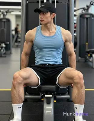 Asian man with short black straight hair and clean-shaven face, seated on gym leg press equipment in