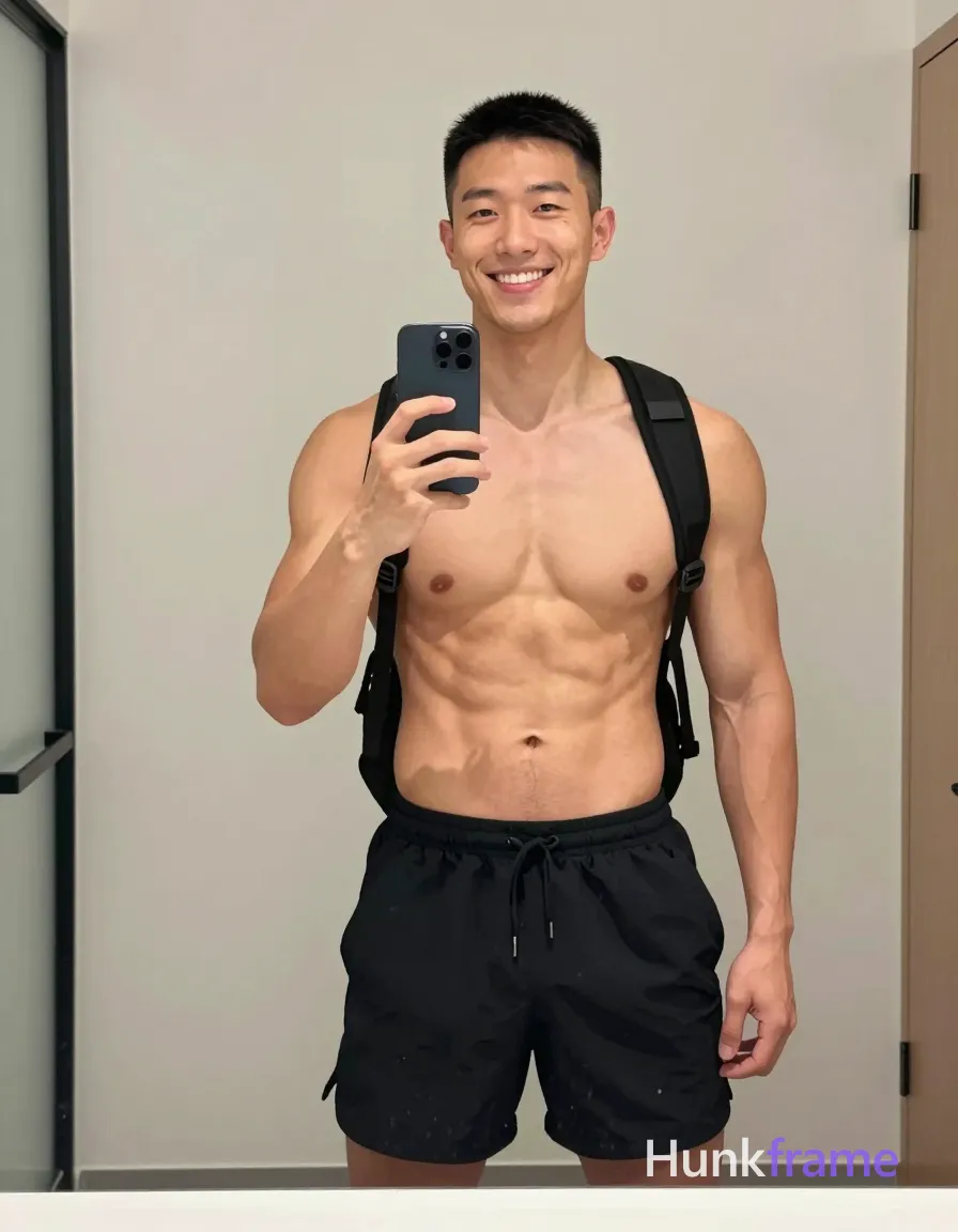 Bold flat-color wall art graphic of an Asian man with short buzz cut and clean-shaven face smiling broadly, shirtless athletic build with defined pectorals and six-pack abs standing in a modern room; He holds a dark triple-lens smartphone to capture his reflection in a large mirror while left arm rests at side; Black drawstring shorts sit mid-thigh with backpack straps over bare shoulders; High-contrast color blocking defines light-medium tan skin against neutral-toned walls, same aesthetic theme and photo feel as the reference but a different man in a different pose with distinct body proportions, lean Korean man, sharp jaw, monolid eyes, slim swimmer build, natural black hair; single clean uninterrupted photograph with a cohesive editorial composition and plain continuous surrounding surfaces