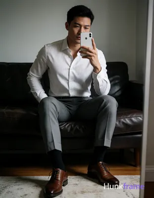 Asian man seated on dark leather sofa, legs spread knees bent taking mirror self