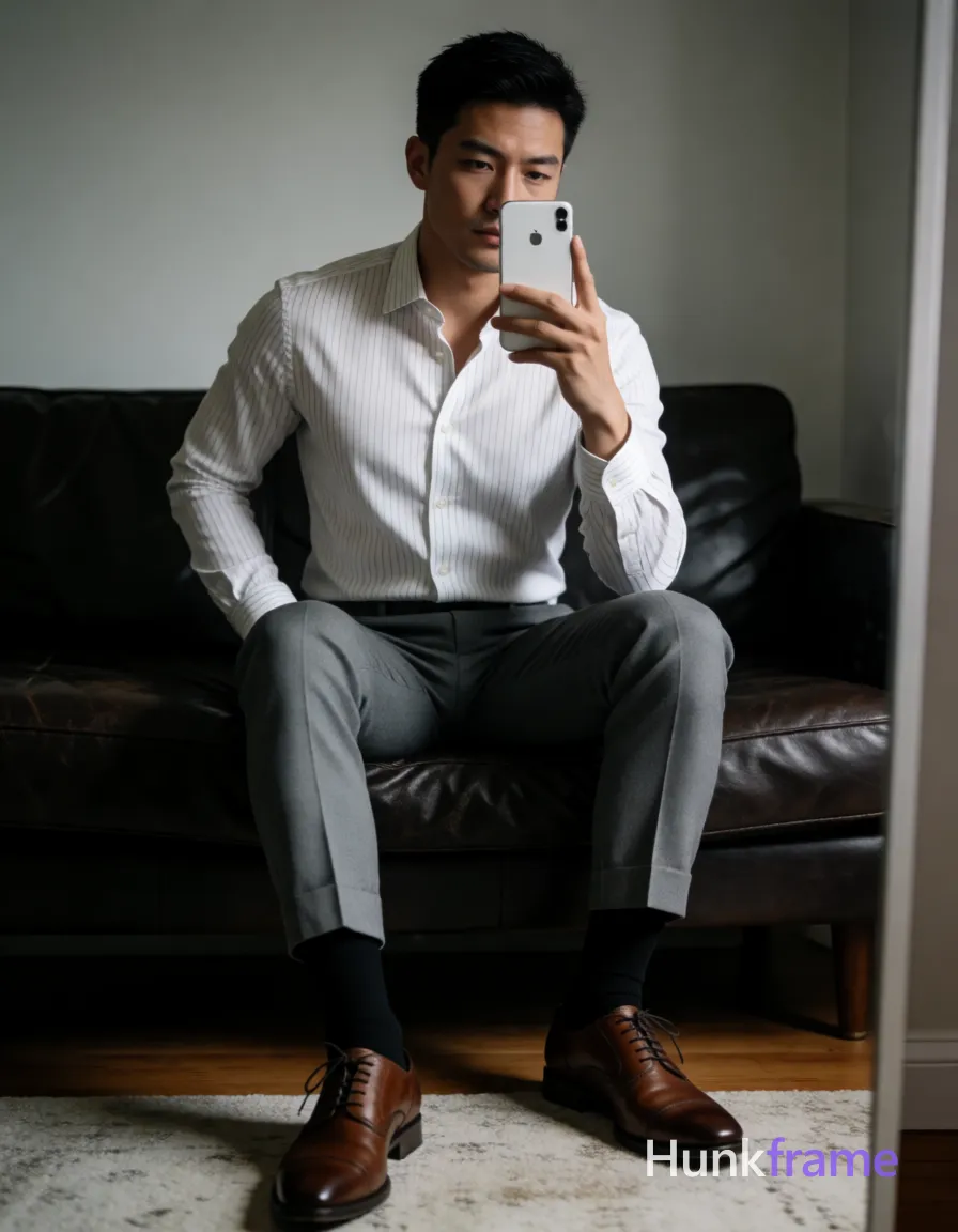 Asian man seated on dark leather sofa, legs spread knees bent taking mirror selfie with white smartphone at chest level; White long-sleeve button-up shirt subtle vertical stripes top two buttons undone revealing upper chest and collarbone artistic partial nude adult; Grey tailored trousers cuffed slightly above ankle black dress socks pulled up to mid-calf brown cap-toe oxford shoes visible on light-colored rug below; Broad shoulders defined pectorals toned arms short black buzz cut straight texture high forehead clean hairline clean-shaven neutral direct gaze at phone camera in mirror reflection left hand resting behind back near hip right arm raised holding smartphone; Indoor room featuring dark leather tufted sofa against light grey wall wooden floor partially covered by textured rug vertical mirror frame visible along right edge of image soft ambient indoor lighting creating gentle shadows on face and clothing folds white grey brown black palette polished confident stylish mood clean lines minimalist composition fine-art photography dramatic directional light defined anatomy confident strength athletic gym photography handsome; single clean uninterrupted photograph with a cohesive editorial composition and plain continuous surrounding surfaces