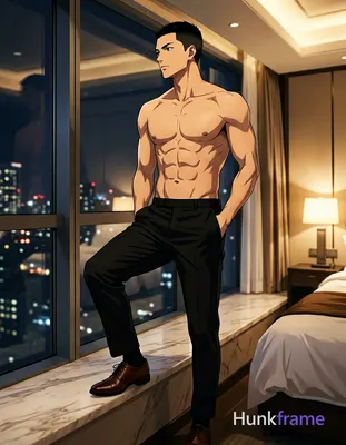 Adult masculine anime character with short black buzz cut, clean-shaven face, neutral profile gaze l