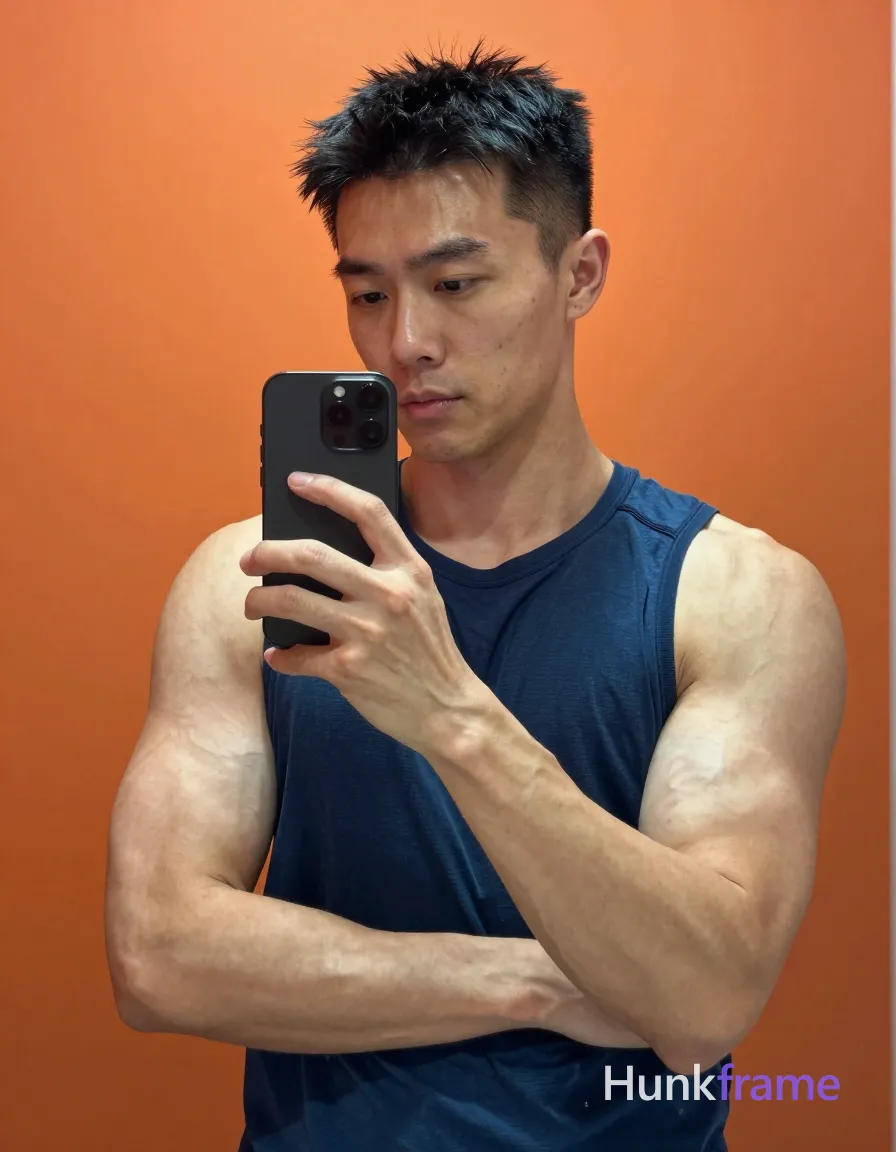 Asian man with light to medium tan skin and short dark black hair featuring a textured top with slightly spiky front, clean-shaven sides; He stands in front of an indoor mirror against an orange wall background holding a black smartphone with both hands to capture a selfie reflection; thumb visible on screen edge; Wearing a dark blue sleeveless athletic tank top revealing a highly muscular build with defined deltoids and biceps and visible vascularity on arms, left arm crossed over chest partially obscuring the body; High contrast lighting from phone flash creates sharp focus on musculature in this vertical portrait composition occupying majority of frame from mid-chest up to head; single clean uninterrupted photograph with a cohesive editorial composition and plain continuous surrounding surfaces