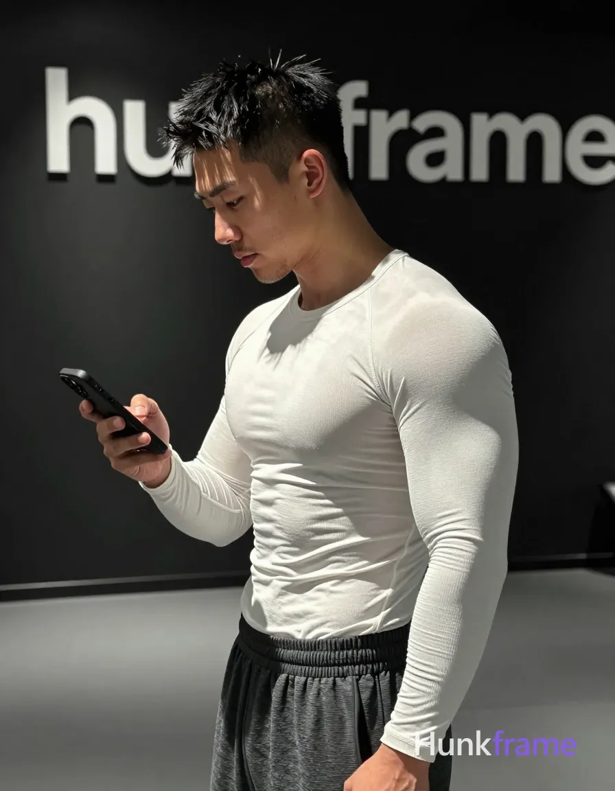 Asian man with short spiky black hair and faded undercut, clean-shaven chin with light upper lip stubble; Standing in profile facing left, head tilted down holding smartphone in right hand scrolling content; Wearing tight white ribbed long-sleeve compression shirt showing broad shoulders, defined pectorals, and tight ribcage definition; dark gray textured athletic shorts with visible waistband and side pocket; Indoor gym setting with dark walls, reflective floor, partial signage background; Dramatic directional lighting from upper-left casting strong shadows across face and torso, high-contrast chiaroscuro emphasizing musculature; Fine-art photography aesthetic, sculpted lighting, premium fashion-editorial tone, vertical portrait crop center-right; FULL TEXT REPLACEMENT: remove every original source word, sentence, slogan, logo, and partial spelling from the text-bearing area, then replace it with only the wordmark, spelled exactly "hunkframe" on the sign in the composition; This is replacement; Preserve appropriate typography and scale; No other visible text, logo, caption, username, hashtag, comment, watermark, or UI chrome, shot on iPhone 15 Pro main camera, authentic smartphone computational photography, natural Smart; single clean uninterrupted photograph with a cohesive editorial composition and plain continuous surrounding surfaces
