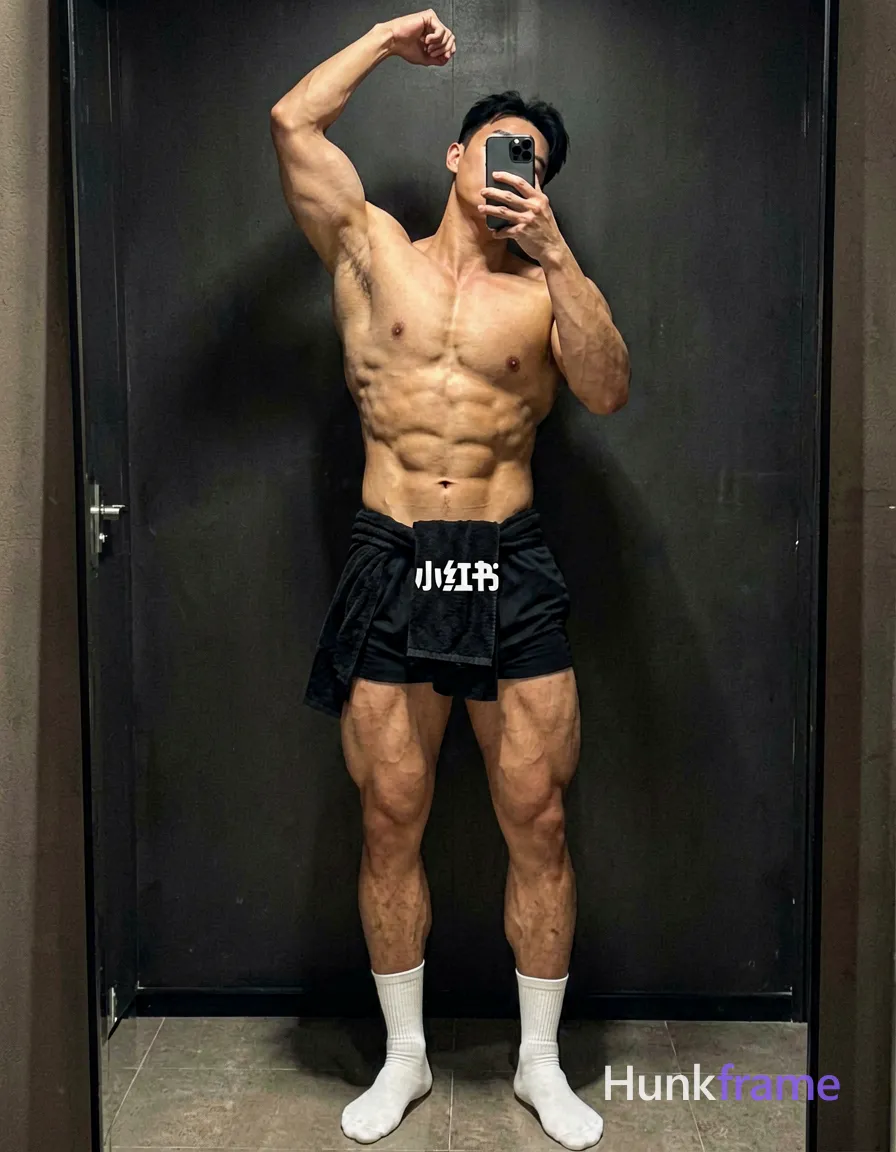 photoreal photograph of a handsome muscular man with defined abs and thick thighs. He is shirtless, standing in a full body shot with one arm raised, holding a black towel around his waist. Wearing black shorts and white crew socks, he leans slightly forward with his head tilted to the side against a dark background. Intense lighting highlights his physique in a vertical portrait orientation (1080:1301 aspect ratio), creating high contrast and emphasizing strength and fitness., shot on iPhone 15 Pro main camera, authentic smartphone computational photography, natural Smart HDR and true-to-life skin texture, vertical 9:16 Xiaohongshu lifestyle feed, bright clean everyday scene, unretouched phone photo with subtle sensor grain, trendy Chinese internet 网红 aesthetic, candid influencer energy, phone held naturally in one hand for selfie, phone visible in frame