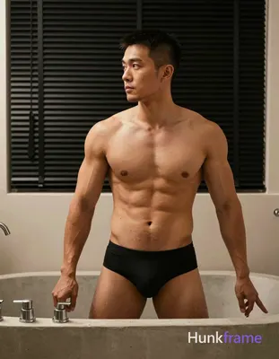 Asian man with tanned skin and short dark undercut hair stands shirtless inside