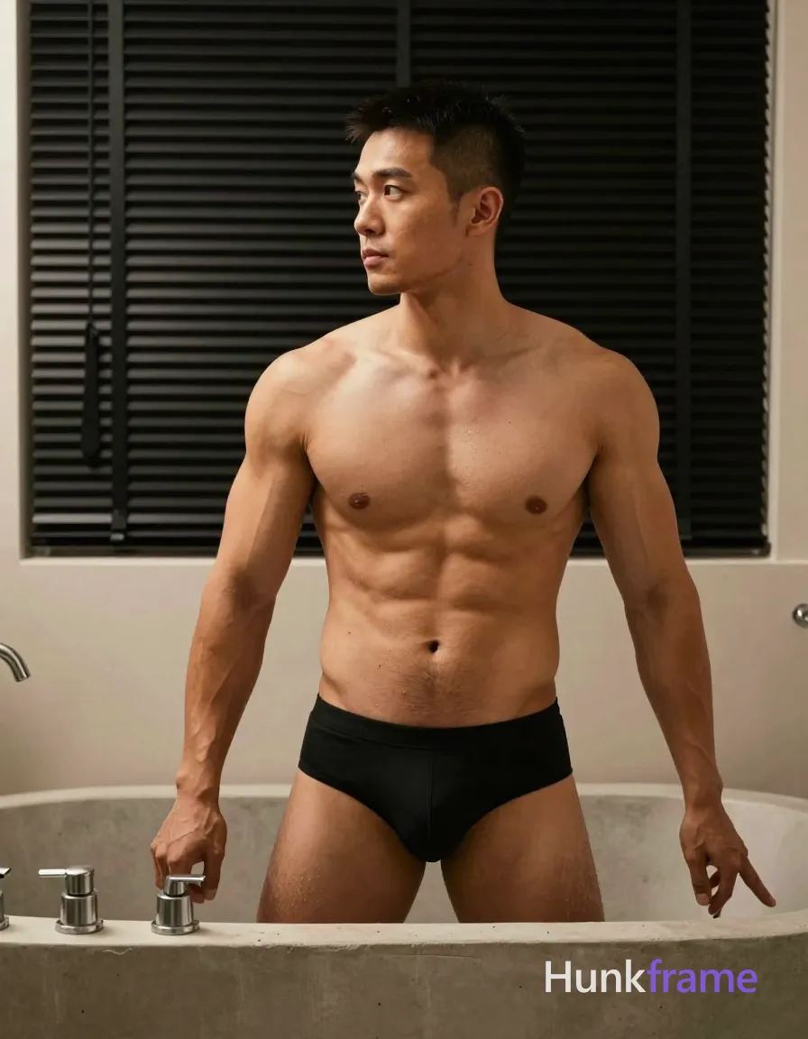 Asian man with tanned skin and short dark undercut hair stands shirtless inside a freestanding concrete bathtub, torso upright and relaxed; He gazes contemplatively to the left while both hands rest on the tub rim near the faucet; Black swim briefs sit at the waistline over broad shoulders, defined pectorals, and a ripped abdomen with thick arms; Dramatic warm lighting emphasizes sculpted musculature in an intimate bathroom setting with black horizontal blinds; single clean uninterrupted photograph with a cohesive editorial composition and plain continuous surrounding surfaces