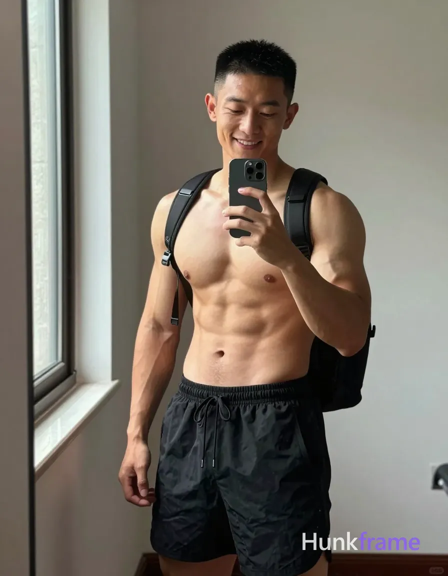 Asian man with light-medium tan skin and short black buzz cut stands facing a large mirror, smiling broadly while holding a dark triple-lens smartphone to capture the reflection; He is shirtless revealing defined pectorals, visible six-pack abs, toned arms, minimal chest hair, wearing mid-thigh length black drawstring athletic shorts with black backpack straps over bare shoulders; Indoor room setting with natural daylight streaming from left-side window illuminating neutral-toned walls and mirror frame; Slightly tilted camera angle captures full torso from waist up to head in vertical portrait orientation 13:19 aspect ratio, dramatic lighting enhancing sculpted physique for premium fashion editorial fine-art photography; single clean uninterrupted photograph with a cohesive editorial composition and plain continuous surrounding surfaces