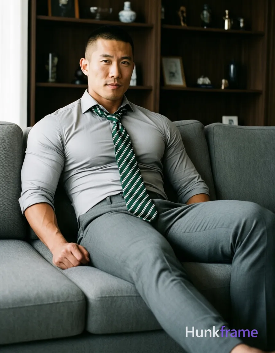 Asian man with short buzz cut and clean-shaven face reclining on a gray sectional sofa, torso angled right; He wears a tight-fitting light-gray long-sleeve dress shirt with sleeves rolled to mid-forearm, dark green-and-white diagonal-striped necktie knotted at collar, matching gray slim-fit trousers; Broad shoulders, defined pectorals, toned abdominal muscles visible through fabric; thick thighs prominent as legs extended forward and crossed at ankles exposing groin area slightly; Modern apartment interior with dark wood shelving displaying collectibles in background; Soft directional ambient light from left creates subtle shadows on right torso; Shallow depth-of-field focus, minimalist aesthetic, rugged warm confidence; single clean uninterrupted photograph with a cohesive editorial composition and plain continuous surrounding surfaces