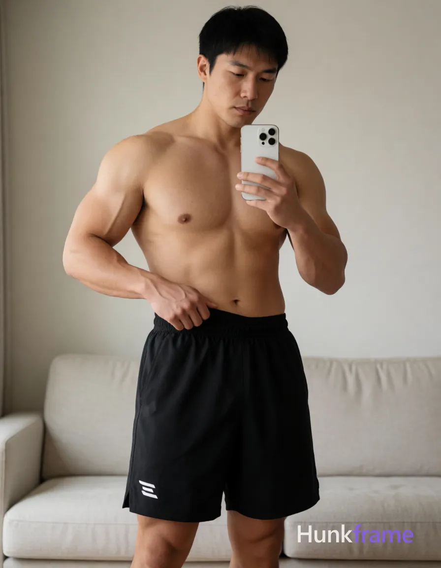 Heavily muscular adult man with substantial muscle mass, wide shoulders, thick neck, large chest and arms, powerful thighs, and dense bodybuilding proportions; Asian man with light to medium tan skin and short straight black hair stands shirtless in a vertical mirror selfie; He wears loose-fitting black athletic shorts reaching mid-thigh, featuring an elastic waistband and a small white stylized 'E' logo near the lower-left hem; His right hand grips the waistband while pulling fabric upward slightly; left hand holds a white smartphone steady for capture; Defined pectorals, deltoids, rectus abdominis, and vascular forearms are visible under soft frontal illumination in an indoor room with neutral walls and a light-colored sofa background; High-resolution detail on skin texture, clean composition emphasizing physique, same aesthetic theme and photo feel as the reference but a different man in a different pose with distinct body proportions, German man, fair skin, strong brow ridge, heavily muscular cyclist legs; single clean uninterrupted photograph with a cohesive editorial composition and plain continuous surrounding surfaces