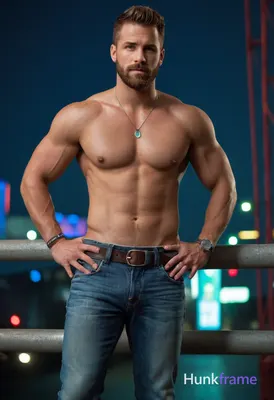 A muscular man poses confidently on a rainy, neon-lit bridge with a cyberpunk at