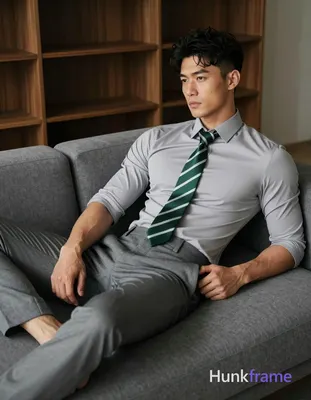 Asian man with short buzz cut and clean-shaven face reclining on a gray sectional sofa, torso angled