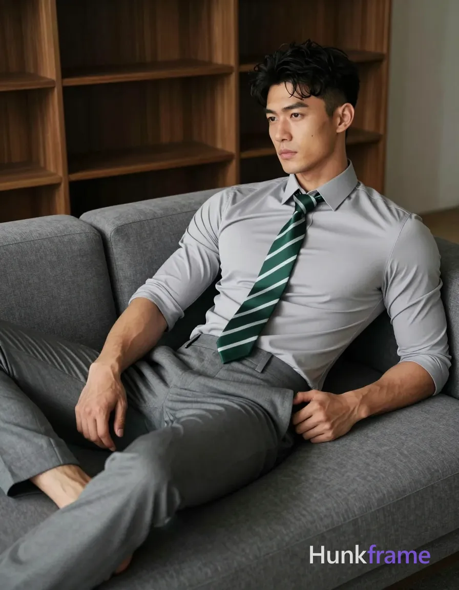 Asian man with short buzz cut and clean-shaven face reclining on a gray sectional sofa, torso angled right; He wears a tight-fitting light-gray long-sleeve dress shirt sleeves rolled to mid-forearm, dark green-and-white diagonal-striped necktie knotted at collar, matching gray slim-fit trousers; Left arm rests along body side, right hand near waistband of trousers; legs extended forward and crossed at ankles exposing thick thighs; Soft directional ambient light from left creates subtle shadows on right torso; Minimalist interior with dark wood shelving in background; Shallow depth-of-field focus on sculpted physique including broad shoulders, defined pectorals, toned abs; Vertical portrait composition 13:19, same aesthetic theme and photo feel as the reference but a different man in a different pose with distinct body proportions, Mediterranean Italian man, olive skin, wavy dark hair, lean surfer body; single clean uninterrupted photograph with a cohesive editorial composition and plain continuous surrounding surfaces