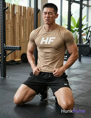 Asian man kneeling on black rubber gym floor, torso upright and slightly arched back with hands clas