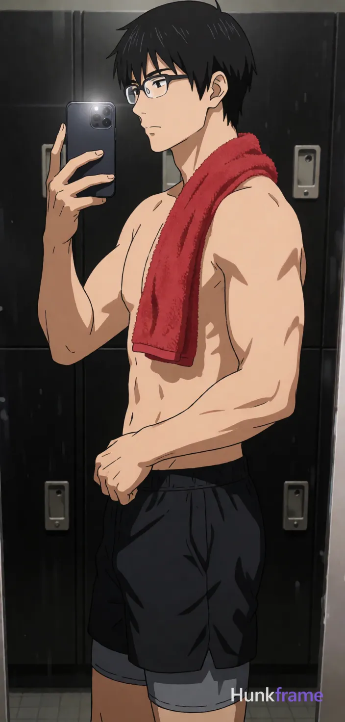 Asian man with short black straight hair and thin metal rectangular glasses, clean-shaven jawline with light upper lip stubble; Standing in profile facing left inside a dim locker room, right arm raised holding phone for mirror selfie while left hand grips waistband of black athletic shorts pulling them down mid-thigh to expose grey compression briefs; Red microfiber towel draped over right shoulder hanging front; Shirtless adult male with broad shoulders, defined pectorals, six-pack abs, visible obliques and thick thighs; Entire chest abdomen exposed above underwear waistband; High contrast direct flash from phone camera creating sweat sheen on light to medium tan skin against dark lockers background; Vertical portrait 13:19 crop head to mid-thighs centered in mirror reflection rendered as polished anime style; The adult man visibly wears thin metal frame glasses with clear lenses worn on face; rectangular shape with slight rounded corners on his face; preserve the exact frame shape, rim style, color, material, and lens tint; single clean uninterrupted artwork with a cohesive composition and plain continuous surrounding surfaces