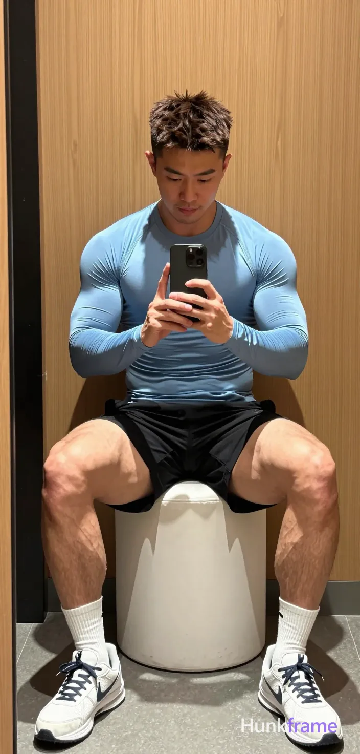Asian man with light to medium tan skin and short dark brown hair featuring textured top and faded sides, clean-shaven chin with light upper lip stubble; He sits on a white cylindrical stool in an indoor dressing room, legs spread apart, torso upright leaning forward toward a tall narrow black-framed mirror reflection against wooden paneling; Wearing a snug light blue long-sleeve compression shirt highlighting defined pectorals and abdominal muscles, black athletic shorts ending mid-thigh revealing full leg length including thick thighs and well-defined calves, white crew socks pulled to mid-calf height on both feet, white athletic sneakers with dark laces holding the phone at chest level; Dramatic directional light sculpts his physique emphasizing broad shoulders and meaty chest definition while even illumination highlights muscle structure without harsh contrast; Clean composition centered within mirror frame showing full-body reflection; natural skin tones with slight compression fabric sheen; single clean uninterrupted photograph with a cohesive editorial composition and plain continuous surrounding surfaces
