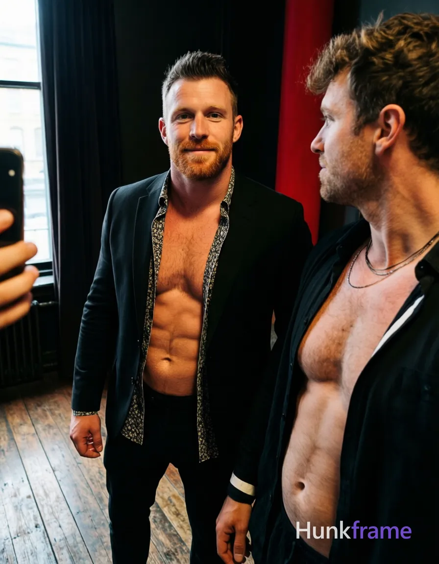 An Irish man with pale skin, copper stubble, and lean rugby build stands on an aged wooden floor by a dimly lit window. The soft yet dramatic lighting highlights his natural musculature without exaggeration. He wears black suit jacket over patterned shirt underneath, revealing bare chest and defined abs. His posture is relaxed yet confident, standing with one leg slightly forward in contrapposto. Dark curtains and red vertical element create an intimate background