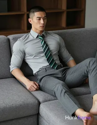 Asian man with short buzz cut and clean-shaven face reclining on a gray sectiona
