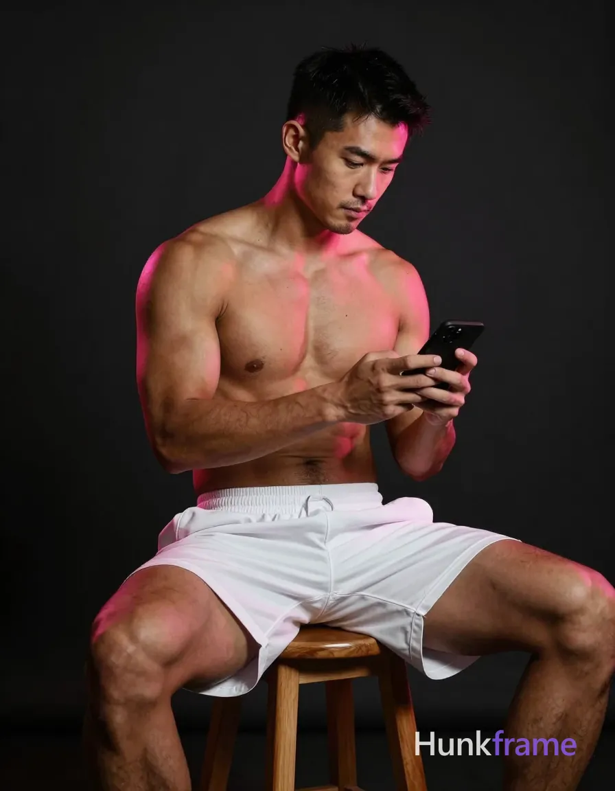 Asian man with tanned skin and short dark hair, clean-shaven chin with light stubble on jawline; Shirtless adult male seated sideways on a wooden stool in an indoor dimly lit room against a dark background; Torso angled forward slightly toward knees; left arm bent holding black smartphone at chest level, thumbs scrolling over screen as if typing; Right leg extended forward showing thick thighs with prominent quadriceps and hamstrings, white loose-fitting athletic shorts reaching mid-thigh covering lower legs; Entire upper torso including pectorals and abdomen exposed under dramatic side lighting highlighting musculature; Pinkish-red ambient glow from phone casts rim effect on hairline and shoulder; High contrast shallow depth of field fine-art editorial aesthetic portrait centered horizontally occupying majority of frame height with head in upper third looking down-right; single clean uninterrupted photograph with a cohesive editorial composition and plain continuous surrounding surfaces