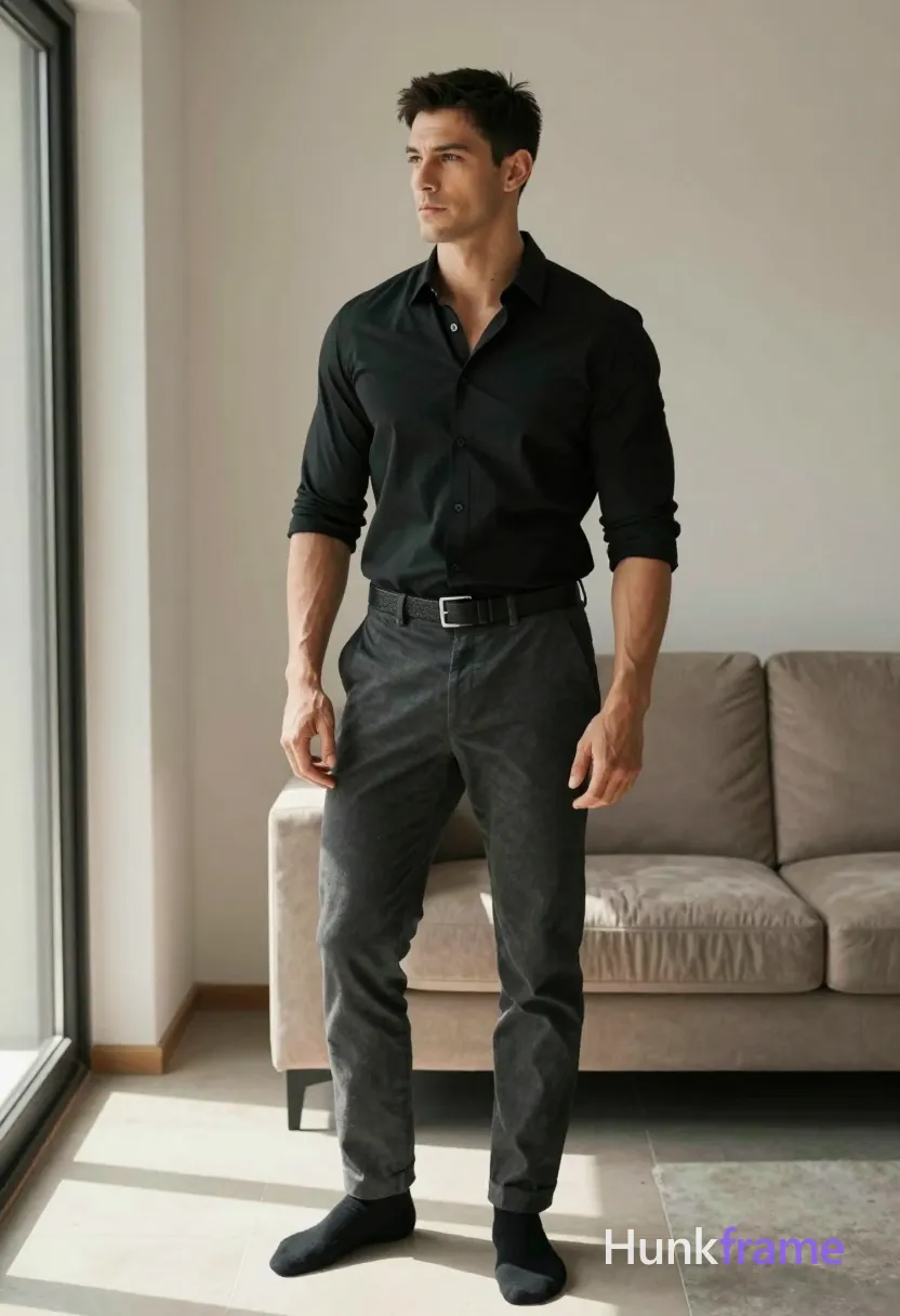 A handsome adult man with short black hair and clean-shaven face stands casually in a modern apartment living room, vertical portrait orientation. He wears a black button-down shirt sleeves rolled to elbows, dark grey trousers, textured belt buckle, and black socks. Standing near a window with natural light from left casting soft shadows on floor, relaxed posture looking slightly away. Candid lifestyle scene resembling an Instagram fitness influencer post, trendy vibe, clean composition, muted palette of black beige tones., a single uninterrupted photograph only, no written words or typography anywhere in frame, no captions, no app UI, no social-media post layout, no screenshot borders