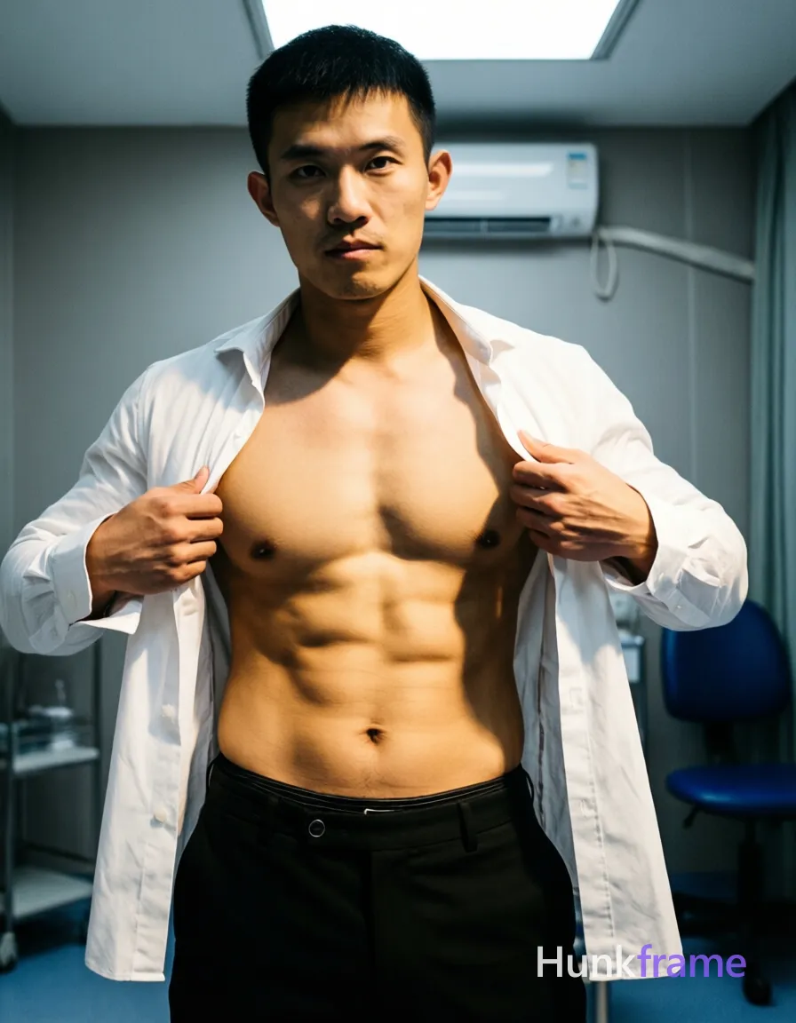 Asian man with short black hair and clean-shaven face stands facing camera in a clinical room, pulling open an unbuttoned white shirt worn off shoulders to expose bare chest and abdomen. Athletic build with defined abs visible against light-medium skin tone. Black trousers with belt at hip level reveal waistband; no socks or shoes shown. Bright overhead lighting casts sharp shadows on the gray walls and air conditioner unit in background. Vertical portrait crop, centered composition, phone-camera aesthetic with slightly soft focus capturing a dramatic fashion editorial mood., a single uninterrupted photograph only, no written words or typography anywhere in frame, no captions, no app UI, no social-media post layout, no screenshot borders