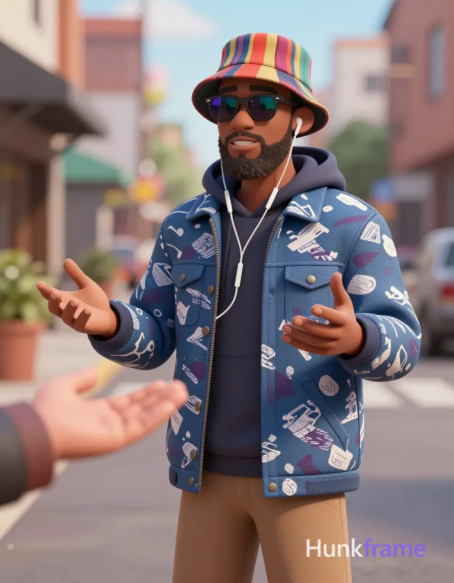 A high-quality 2.5D anime rendering of a Black man with medium-dark skin and short light-brown hair featuring darker roots, full beard, and reflective sunglasses standing in an urban street scene. He wears an open patterned blue/purple/white textured hooded jacket over dark layers, tan trousers, colorful striped bucket hat, and thin white wired earphones while gesturing outward with both arms extended palm-up. A foreground arm reaches toward his hand as he looks forward mid-conversation under natural daylight., a single uninterrupted photograph only, no written words or typography anywhere in frame, no captions, no app UI, no social-media post layout, no screenshot borders
