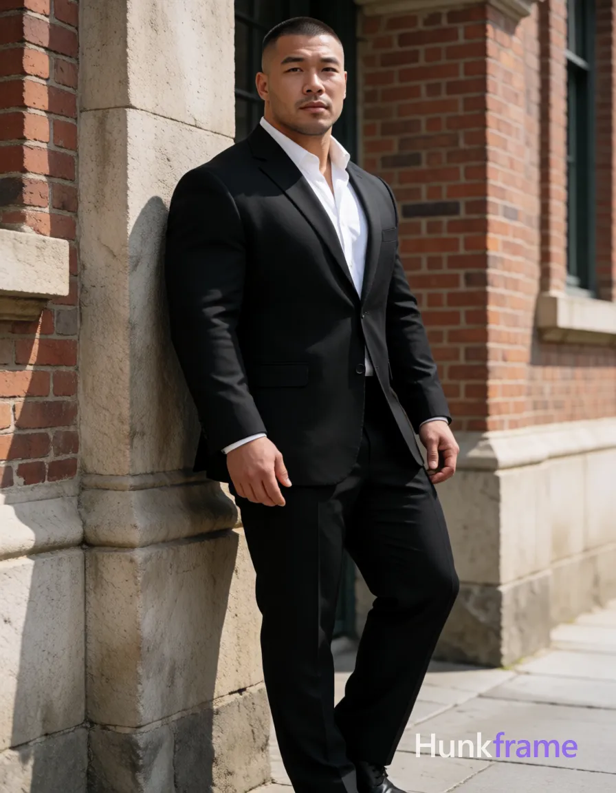 Heavily muscular adult man with substantial muscle mass, wide shoulders, thick neck, large chest and arms, powerful thighs, and dense bodybuilding proportions; Asian man with short buzz cut and light stubble stands in three-quarter profile leaning against a stone column, weight shifted left while right foot lifts dynamically; He wears a black tailored single-breasted suit jacket open at the collar over a white dress shirt revealing upper chest, paired with matching black trousers; Full-body shot framed between brick building columns under natural daylight casting soft shadows on his broad shoulders and defined pectorals; Fine-art photography aesthetic emphasizing athletic anatomy and confident strength against an urban heritage backdrop; single clean uninterrupted photograph with a cohesive editorial composition and plain continuous surrounding surfaces