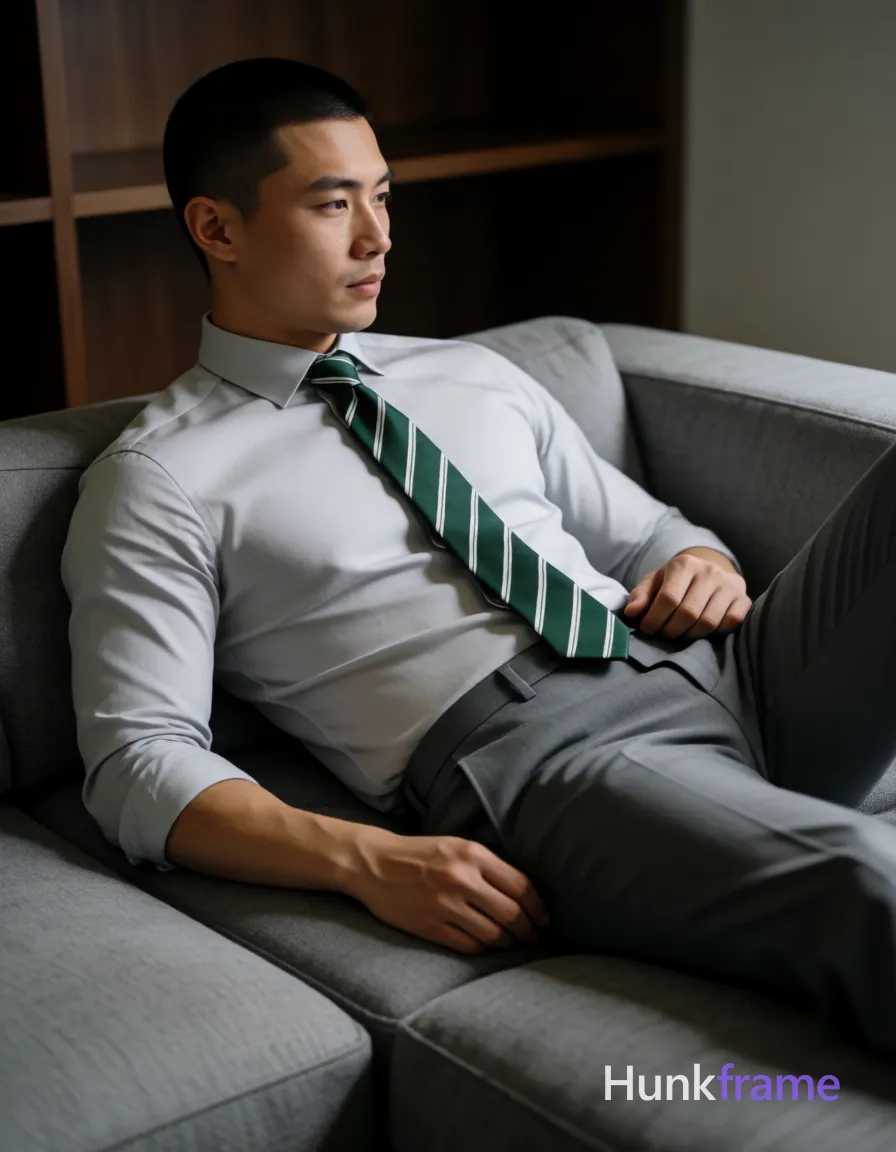 Asian man with short buzz cut and clean-shaven face reclining on a gray sectional sofa, torso angled right; He wears a tight-fitting light-gray long-sleeve dress shirt sleeves rolled to mid-forearm, dark green-and-white diagonal-striped necktie knotted at collar, matching gray slim-fit trousers; Left arm rests along body side, right hand near waistband of trousers; legs extended forward and crossed at ankles exposing thick thighs; Soft directional ambient light from left creates subtle shadows on right torso; Minimalist interior with dark wood shelving in background; Shallow depth-of-field focus on sculpted physique including broad shoulders, defined pectorals, toned abs; Vertical portrait composition 13:19; single clean uninterrupted photograph with a cohesive editorial composition and plain continuous surrounding surfaces
