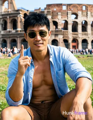 Asian man with short black textured hair and thin gold sunglasses seated center-right, shirtless wea