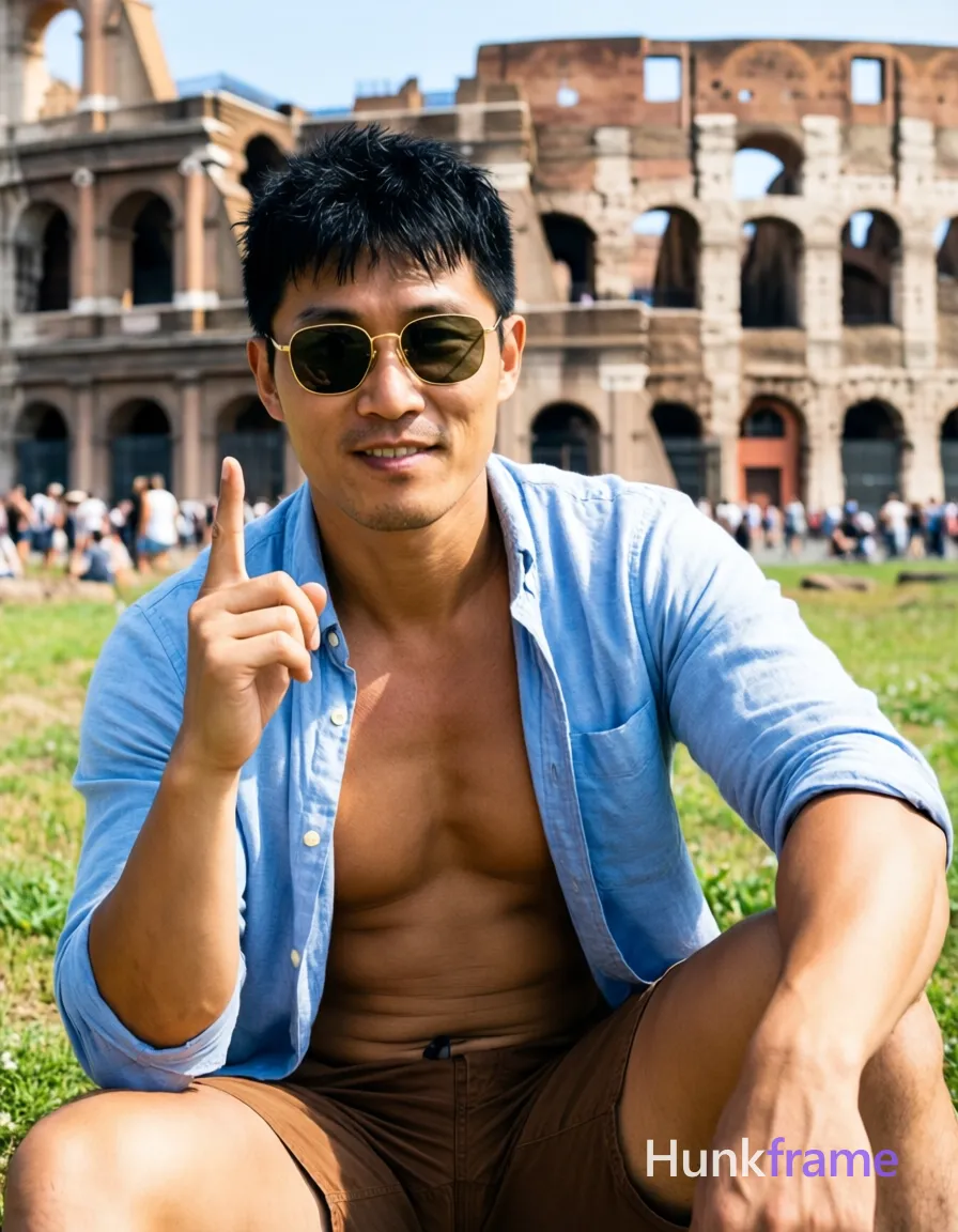 Asian man with short black textured hair and thin gold sunglasses seated center-right, shirtless wearing open light blue button-up over bare chest and brown shorts; He points upward with right index finger while left arm rests at side in a confident pose on grass before the Colosseum; shallow depth of field blurring distant crowd under bright daylight; The adult man visibly wears sunglasses with thin gold frames and dark lenses worn on face on his face; preserve the exact frame shape, rim style, color, material, and lens tint, same aesthetic theme and photo feel as the reference but a different man in a different pose with distinct body proportions, lean Korean man, sharp jaw, monolid eyes, slim swimmer build, natural black hair; single clean uninterrupted photograph with a cohesive editorial composition and plain continuous surrounding surfaces