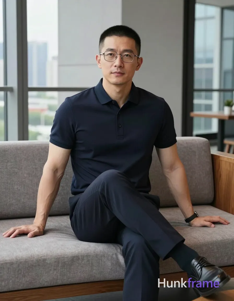 Photograph of exactly 1 adult man. Man 1: East Asian, light-medium, square-jawed with defined cheekbones and a straight jawline, short buzz cut, black, uniform length all around. Man 1 wears rectangular wire-frame glasses with thin metallic rims and clear lenses, worn on face covering both eyes on his face. Broad shoulders, defined biceps with thick thighs in dark navy polo. Seated on wooden sofa with one leg crossed over the other calmly. Dark navy blue short-sleeved buttoned collar shirt matching slim-fit trousers. Full-body vertical portrait shot from head to shoes framed vertically. Modern indoor lounge with large glass windows overlooking urban skyline. Natural daylight creating soft shadows on face and torso against grey walls. Clean lines minimalist composition emphasizing poised posture in urban luxury