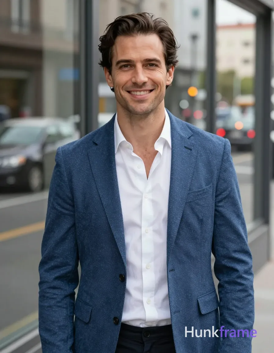 Adult white man, short dark brown hair with receding hairline and straight texture, smiling direct gaze; Wearing a blue textured blazer jacket worn open over a white button-down shirt, fully clothed adult slim build standing upright facing forward with shoulders relaxed and head centered in frame; Tasteful suggestive framing utilizing sculpting light to highlight fair skin tones against an urban background with glass windows reflecting street elements including vehicles and traffic lights; Vertical portrait orientation 13:19 aspect ratio, natural daylight creating shallow depth of field with blurred city backdrop, clean composition focusing on subject's face and upper body in a confident masculine editorial style, same aesthetic theme and photo feel as the reference but a different man in a different pose with distinct body proportions, Mediterranean Italian man, olive skin, wavy dark hair, lean surfer body; single clean uninterrupted photograph with a cohesive editorial composition and plain continuous surrounding surfaces