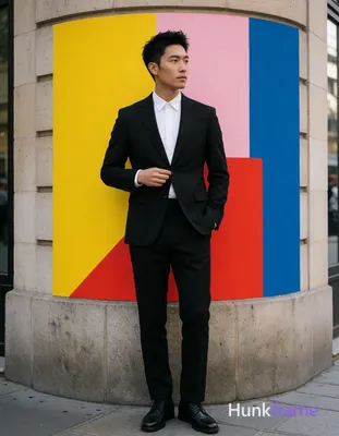 Asian man with short textured black hair styled upward and back, clean-shaven face, neutral composed