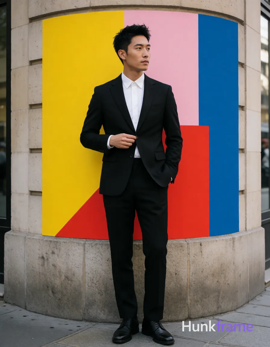 Asian man with short textured black hair styled upward and back, clean-shaven face, neutral composed gaze directed away from camera; He stands upright against a curved stone building in an outdoor urban daylight setting, left hand deep in pants pocket, right hand adjusting the button on his white collared dress shirt near waistline while wearing a tailored black two-piece suit with top buttons undone at neck revealing collarbone and chest shadowing; Full-body shot from head to shoes centered vertically occupying central third of frame horizontally; Bold flat-color poster wall-art graphic design high-contrast color blocking clean vector line no text fine-art photography aesthetic fashion editorial composition; single clean uninterrupted photograph with a cohesive editorial composition and plain continuous surrounding surfaces