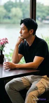 Asian man seated sideways at a dark wooden table in an indoor cafe, lean build w